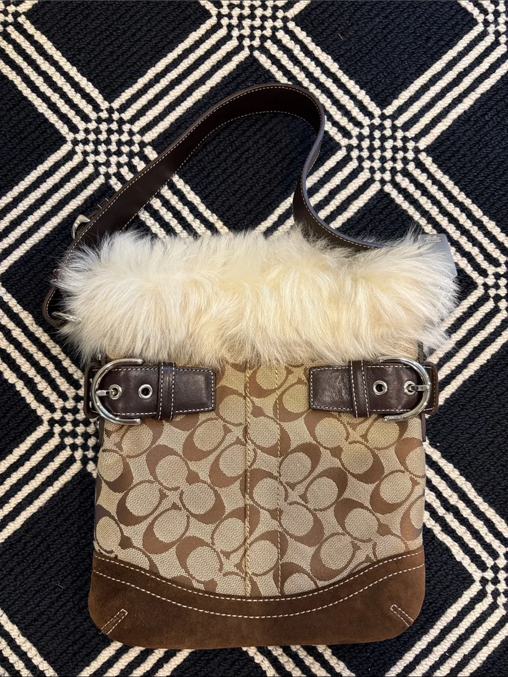 NWOT Coach Brown Signature Canvas Shoulder Bag with Cream Fur Trim